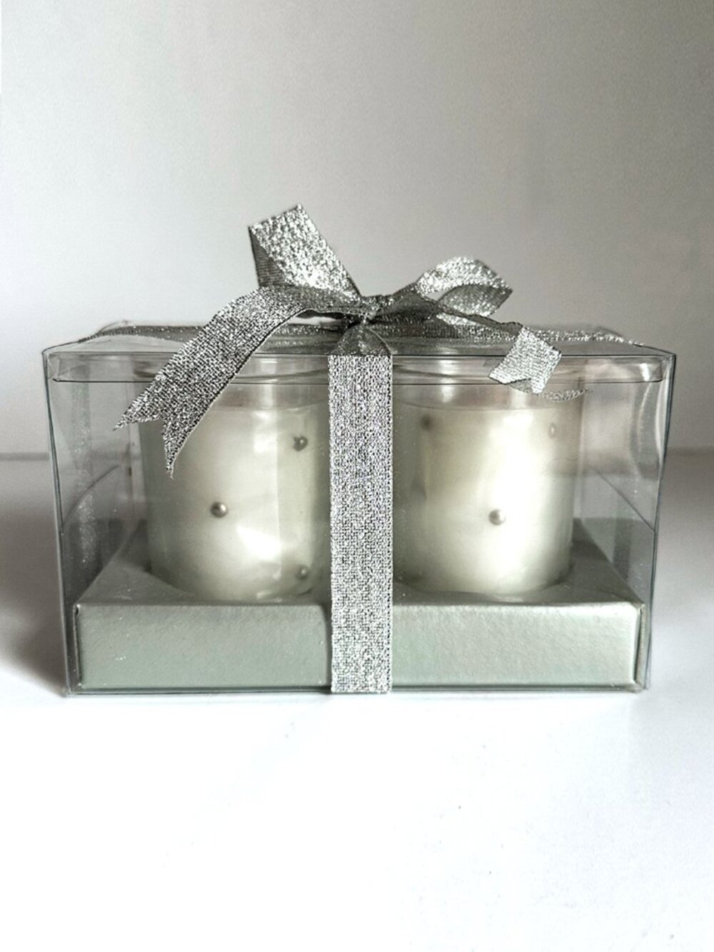Silver Polka Dot Glass Votive Candles Set of 2 Gift Box Ribbon NWT Christmas